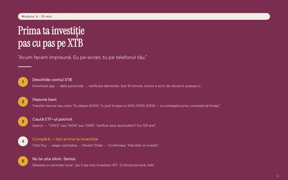 Slide din Modulul 4: Prima ta investiție pas cu pas pe XTB, în 5 pași, de la deschiderea contului la primul ordin